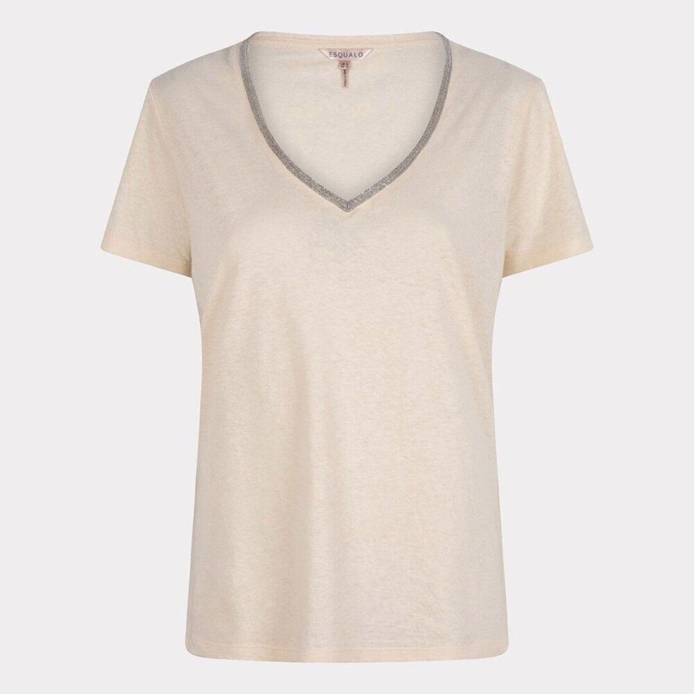 Esqualo Oatmeal Beige Linen Blend Fancy Neckline T-shirt Size M NWOT